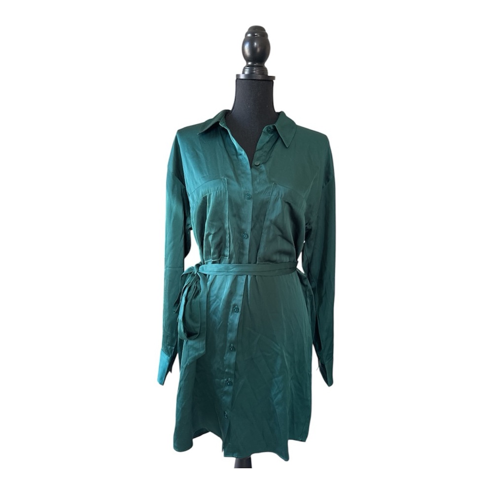 Abercrombie & Fitch Teal Satin Shirt Dress Tie Waist Size M - Picture 1 of 6